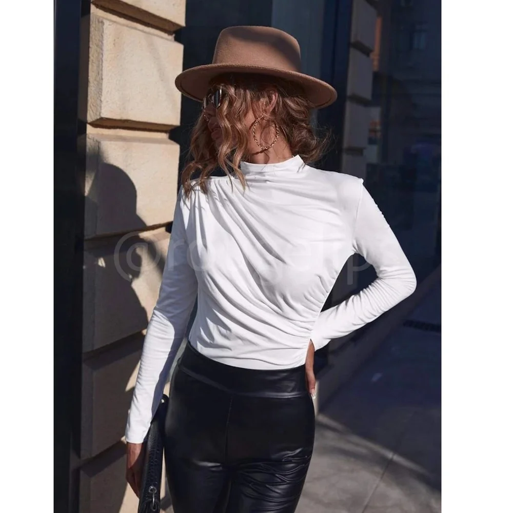 Ruched Asymmetric White Long Sleeve Shirt Slim Fit Stretchy - Picture 4 of 10